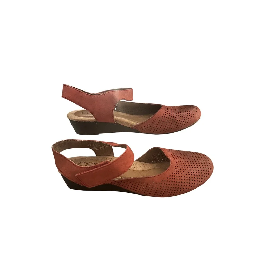 Rockport Cobb Hill Red Leather Perforated Wedge Relaxed Casual Sandals